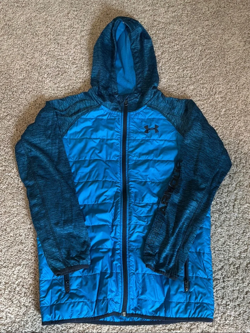 Under Armour Youth Blue Hooded Puffer Jacket with Heathered Navy Sleeves